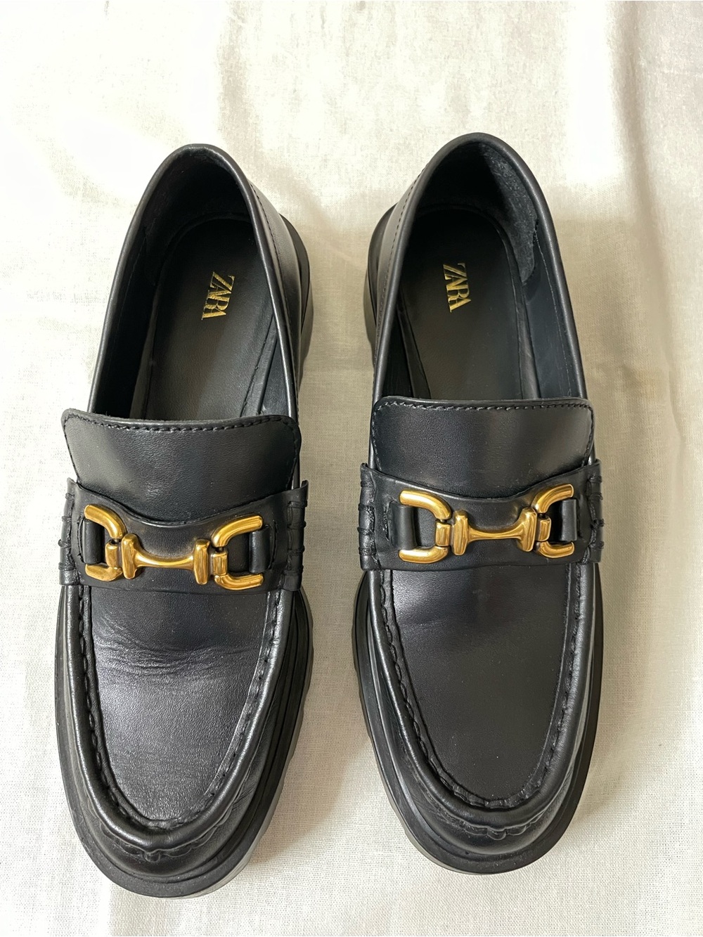 ZARA Black Leather Chunky Bit Loafers with Gold Hardware